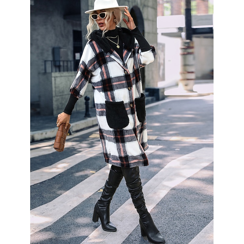 Women's Teddy Coat Coat Warm Pocket Fashion Casual Plaid Work Street Single Breasted Lapel Loose Fit Long Sleeve Outerwear Black Fall Winter