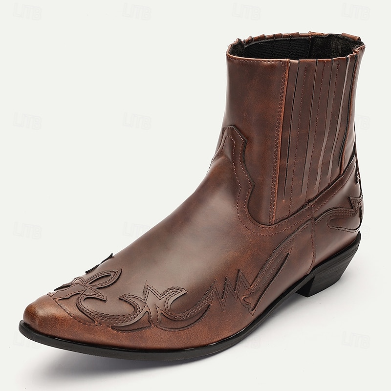 Men's Brown Faux Leather Western Ankle Boots - Vintage Style with Intricate Embroidery for Cowboy and Casual Wear2