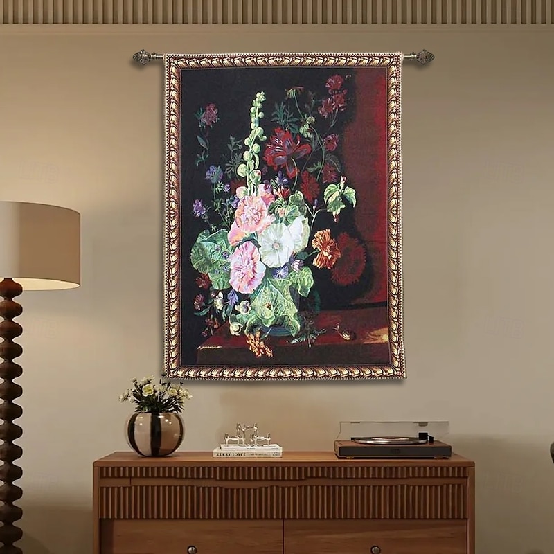 Jacquard Woven Tapestry Gobelin Aubusson Wall Art Hanging Aubusson Loom Cotton Weave Large Tapestry Reproduction Baroque Rococo Flowers (without tassels and rod)3