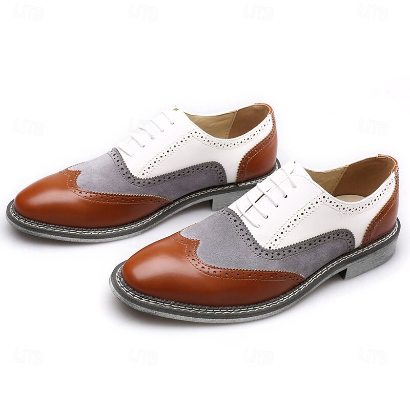 Men's Gatsby-Inspired Wingtip Spectator Oxford Shoes in White, Suede Grey, and Brown, Vintage Brogue Leather Dress Shoes for 1920s Wedding, Jazz Garden Party, and Formal Events4