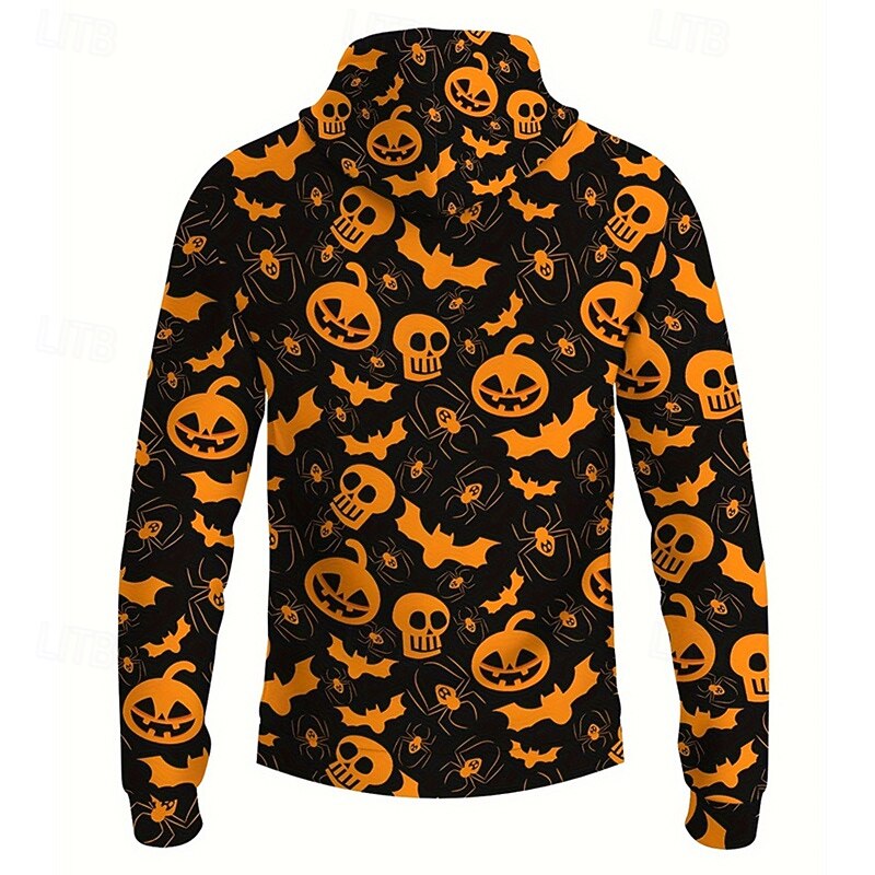 Halloween Boys 3D Graphic Skull Pumpkin Hoodie Long Sleeve Fall Winter Fashion Adorable Basic Polyester Kids 4-12 Years Hooded Outdoor Casual Daily Regular Fit4