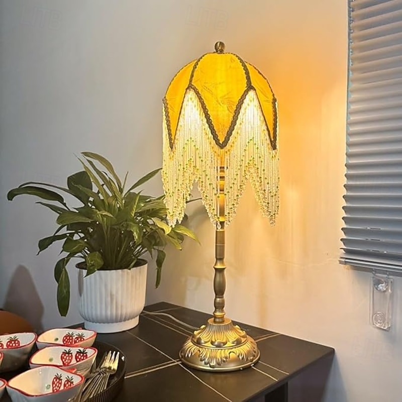 LED Table Lamp 3-Color Light Source Tassel Retro Fabric Bedside Lamp Premium Classic Victorian Style Nightstand Lamp with Beaded Fringe Trim for Bedroom Study 110-240V2
