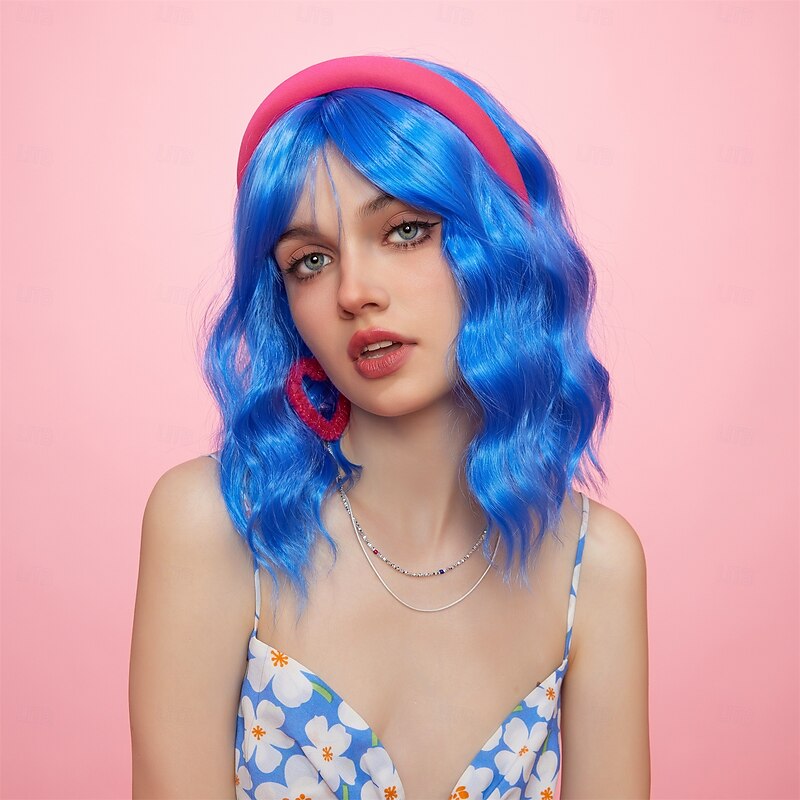 Synthetic Wig Uniforms Career Costumes Princess Curly Wavy Middle Part Layered Haircut Machine Made Wig 14 inch Royal Blue Synthetic Hair Women's Cosplay Party Fashion Blue4