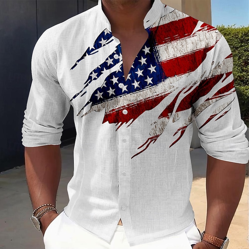 American Independence Day Men's American Flag Patriotic Button Up Shirt Long Sleeve Casual Vacation Daily Summer Spring &  Fall Grandad Collar Band Collar 3D Print Black Red Blue - Main Image