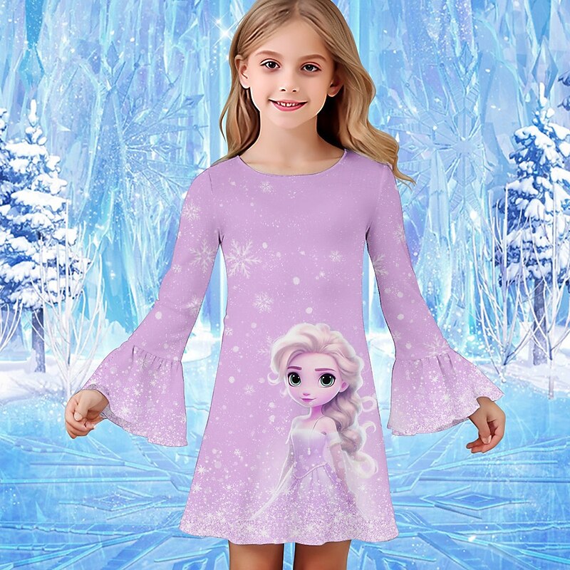 Girls' 3D Graphic Cartoon Snowflake Dress Snowflake Dress Ruffle Dress Long Sleeve Summer Spring Vacation Daily Holiday Beautiful Sweet Kids 4-12 Years Casual Dress Knee-length Regular Fit3