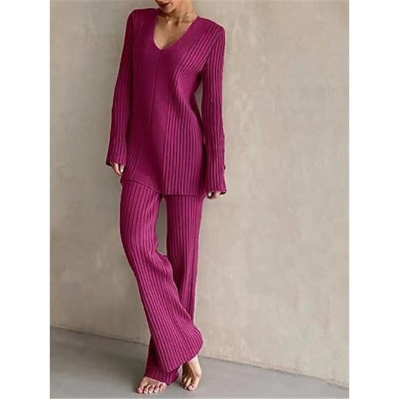 Women's Pajamas Sets Pure Color Fashion Basic Comfort Home Daily Bed Knit Breathable V Wire Long Sleeve Sweater Pant Button Elastic Waist Fall Winter Home Outfits4