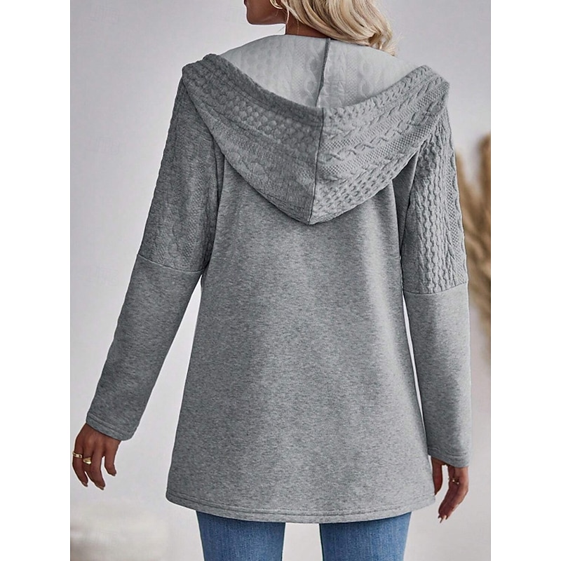 Women's Winter Jacket Coat Textured Jackets Athleisure Holiday Daily Wear Fall Winter Regular Coat Regular Fit Stylish Casual Jacket Long Sleeve Solid Color Drawstring Full Zip Black Gray2