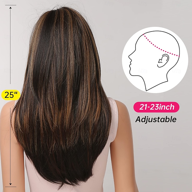 Wigs for Women Highlight Wig with Bangs Layered Long Straight Natural Hair Synthetic Wig4