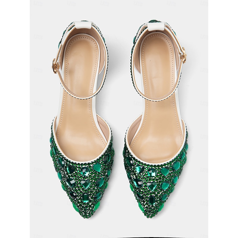 Women's Green Rhinestone Pointed-Toe Heels with Ankle Strap - Glamorous Jewel-Embellished Pumps for Evening and Special Occasions2