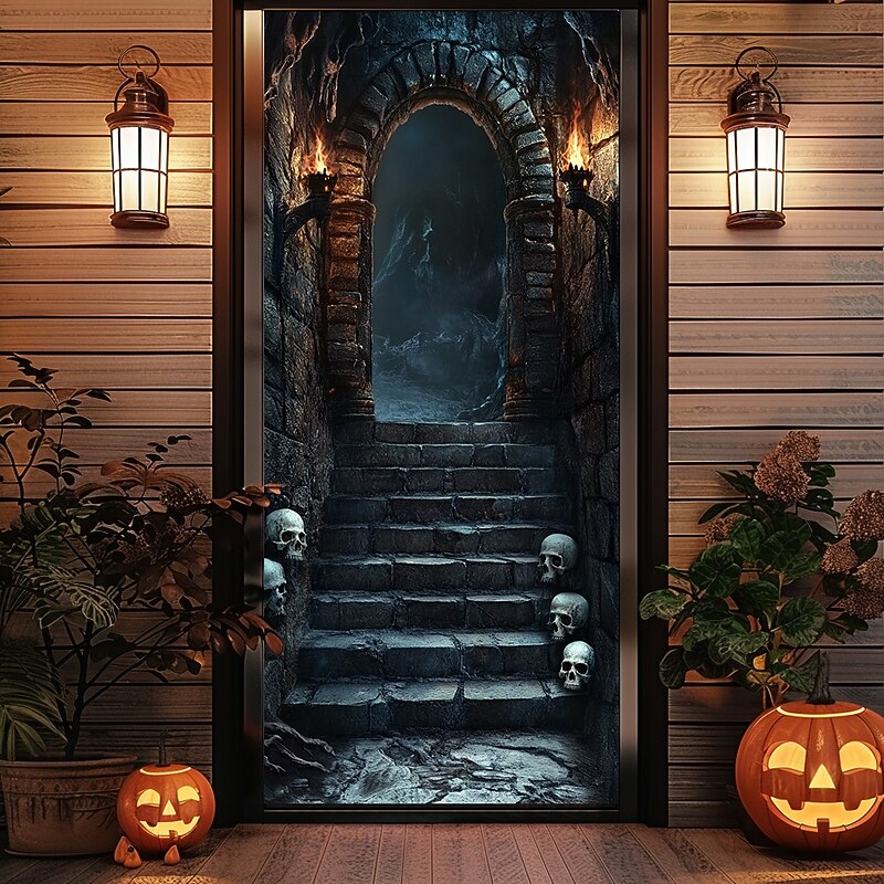 Halloween Door Decorations Halloween Door Covers Creepy Gloomy Door Tapestry Door Curtain Decoration Backdrop Door Banner for Front Door Farmhouse Holiday Party Indoor Outdoor Decor Supplies4