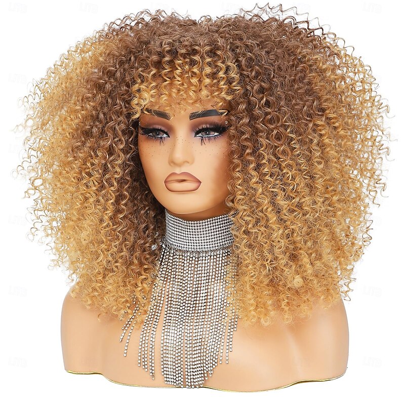 Curly Wig With Bangs Afro Curly Wigs for Black Women Afro Kinky Wig Synthetic Fiber Glueless Full and Fluffy Long Curly Wig for Fashion Women4