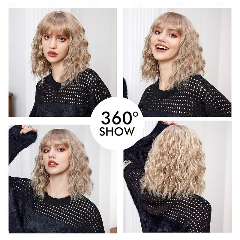 Cosplay Costume Wig Curly Bouncy Curl Bob Neat Bang With Bangs Wig 14 inch Light Brown Synthetic Hair Women's Elastic Adorable Comfortable Light Brown3