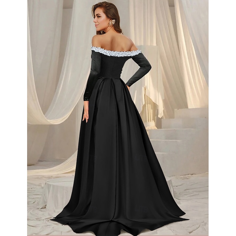 A-Line Evening Gown Elegant Dress Formal Floor Length Long Sleeve Off Shoulder Pocket Satin with Pearls3