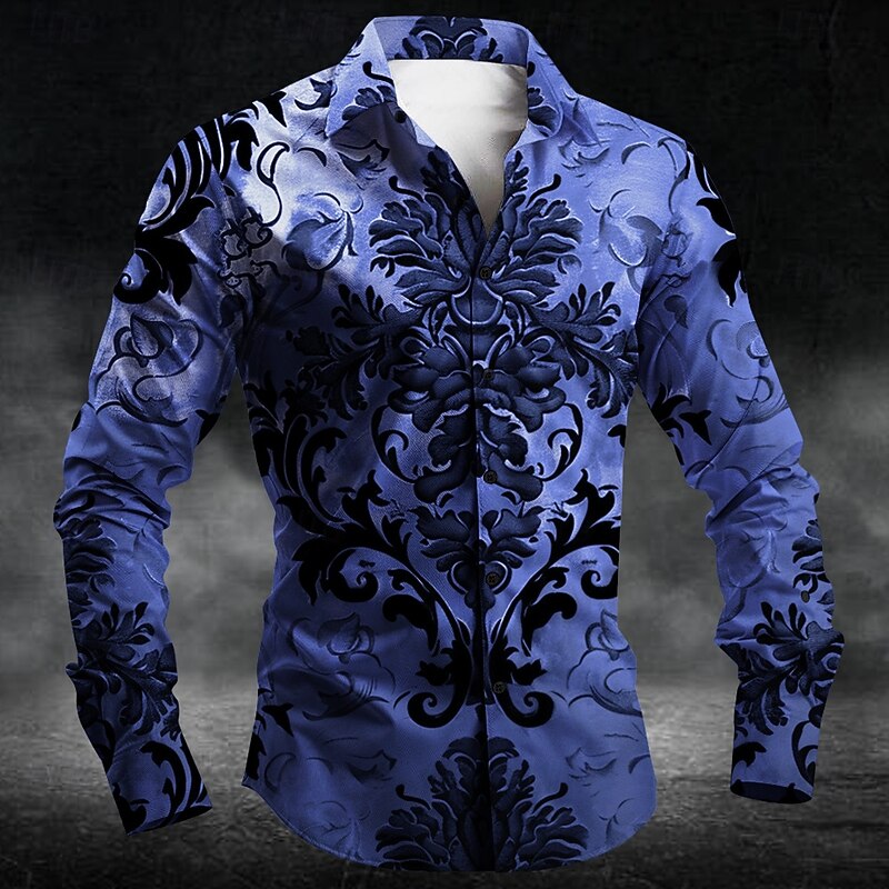 Men's Baroque Halloween Costumes Day of the Dead Button Up Shirt Long Sleeve Casual Party Evening Wear Daily Fall Winter Spring & Summer Turndown Shirt Collar Button Up 3D Print Black Blue Purple2