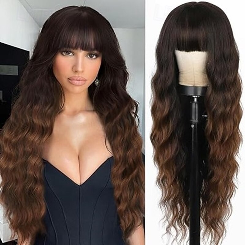 Long Wigs with Bangs Wigs for Women Wig Synthetic Curly Wavy Heat Resistant Wigs for Daily Party Use2