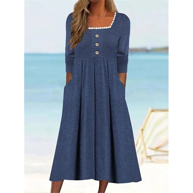 Women's Casual Dress Midi Dress Patchwork Button Vacation Streetwear Basic Square Neck 3/4 Length Sleeve Black White Wine Color