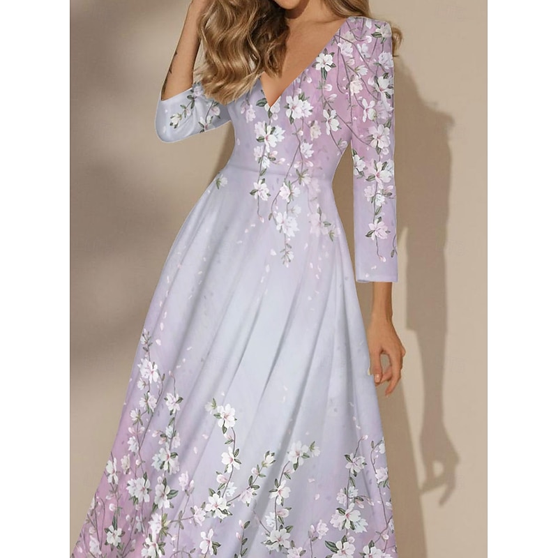 Women's Maxi Dress Swing Dress Semi Formal Dress Floral Dress Print Dress Fashion Streetwear Modern Formal Outdoor Vacation Regular Fit Floral 3/4 Length Sleeve V Neck Yellow Pink Blue2
