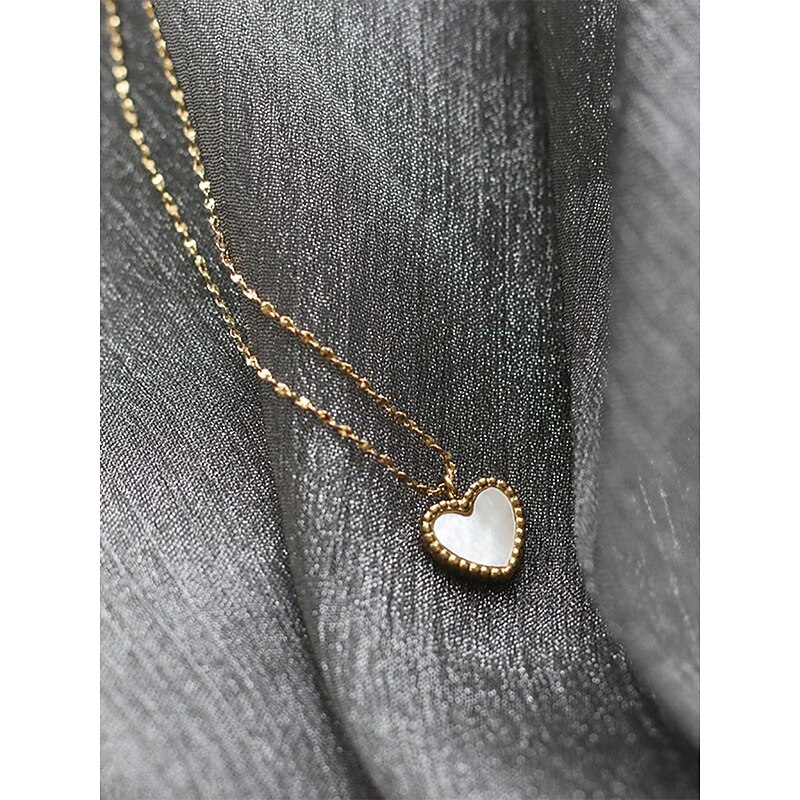 Women's Titanium Steel Heart Pendant Necklace with Shell Inlay - Adjustable Chain - Lightweight2