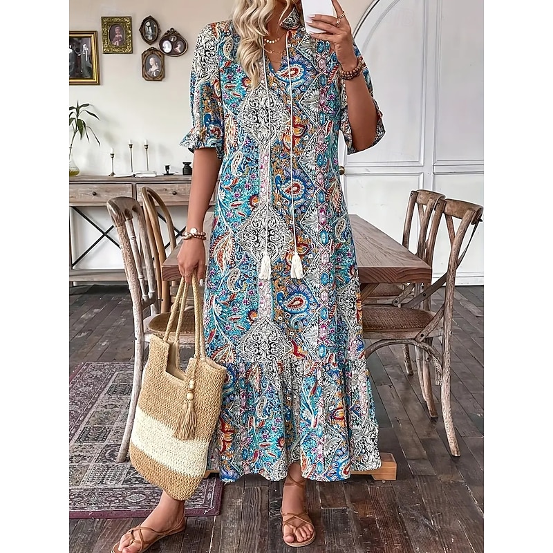 Women's Maxi Dress Casual Dress Boho Dress Stylish Casual Daily Loose Fit Graphic Long Sleeve V Neck Blue Spring Fall - Main Image