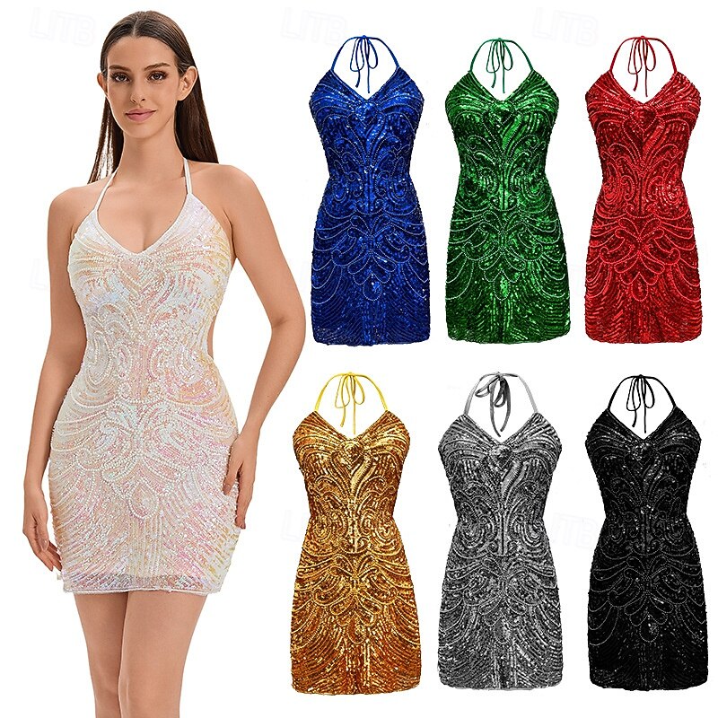 The Great Gatsby Vacation Dress Short Length Cocktail Dress Flapper Headband Sleeveless Cosplay Wedding Guest Sequins Sequin Halter Neck Fancy Dress Women's Halloween Party / Cocktail Wedding