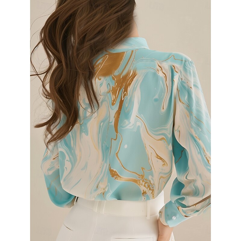 Women's Shirt Long Sleeve Button Down Blouse Marble Print Work Elegant Stylish Business Blue Summer Fall2