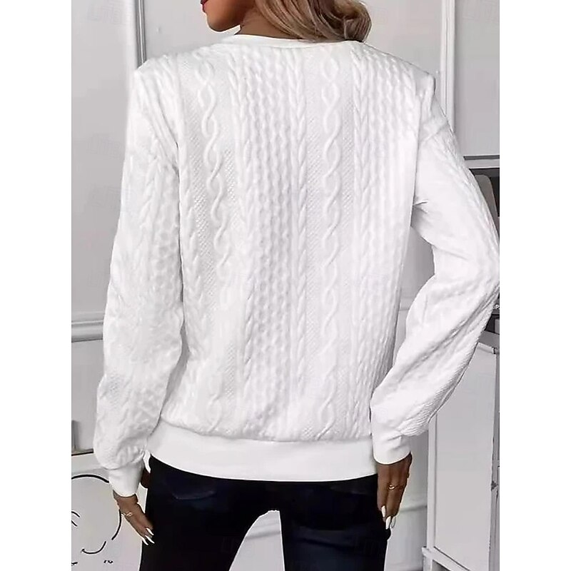 Women's Pullover Fashion Comfy Casual Crew Neck Buttons Long Sleeve White Spring Fall2