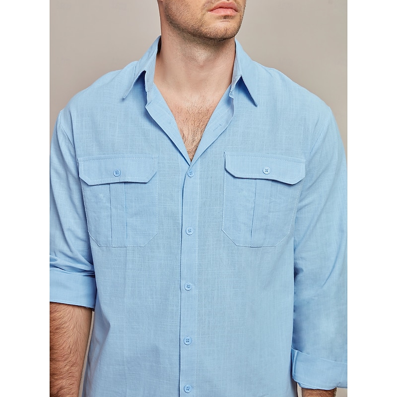 Men's Shirt Summer Shirt Beach Wear Casual Shirt Cotton Linen Shirt Button Up Shirt Plain Vacation Casual Blue Long Sleeve Lapel Spring & Summer Clothing Apparel Pocket4