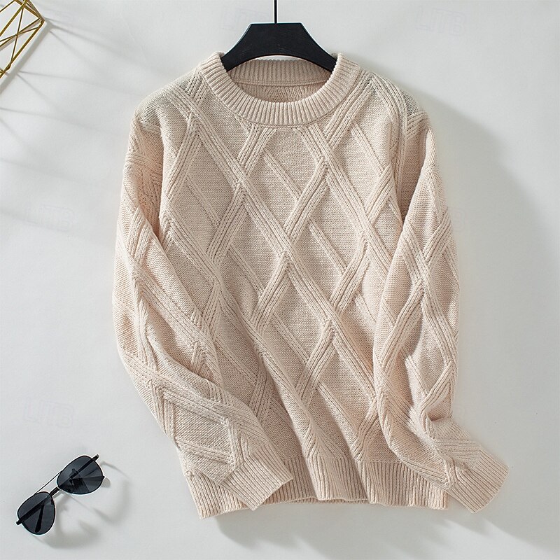 Women's Sweater Casual Solid Color Geometric Crew Neck Knitted Long Sleeve Long Tops Knit Work Black Beige Fall Winter4
