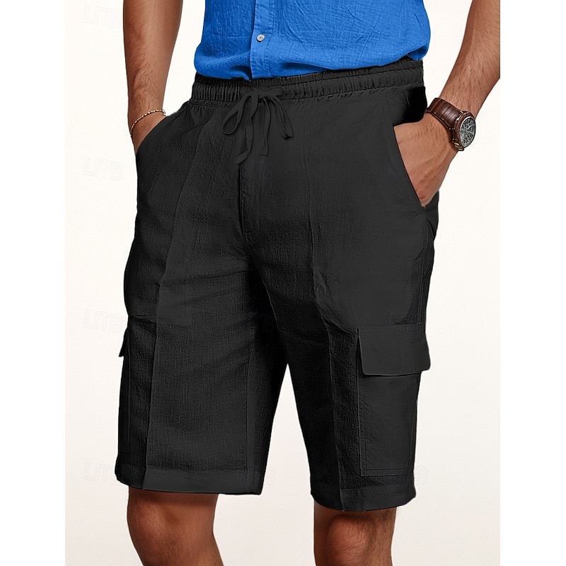 Men's Cargo Shorts Shorts Linen Shorts Summer Shorts Beach Shorts Drawstring Elastic Waist Multi Pocket Plain Knee Length Outdoor Casual Daily Vacation Casual Black White Inelastic