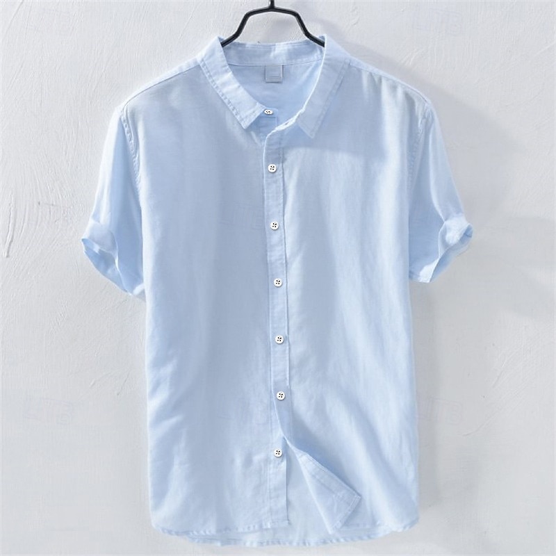Men's Linen Shirt Summer Shirt Beach Wear Button Up Shirt Plain Casual Daily White Blue Short Sleeve Lapel Summer Clothing Apparel Button-Down3