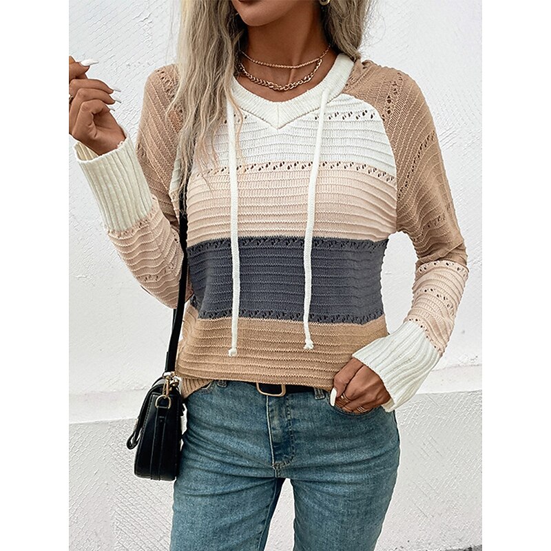 Women's Pullover Sweater Jumper Casual Soft Color Block V Neck Hooded Long Sleeve Regular Tops Knit Daily Apricot Spring Fall4