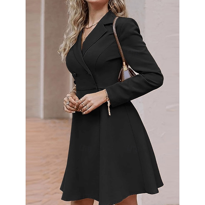 Women's Little Black Dress Blazer Dress Elegant Workfashion Mini Dress Button Lapel Long Sleeve Plain Regular Fit Black Blue Khaki Spring Fall S M L XL