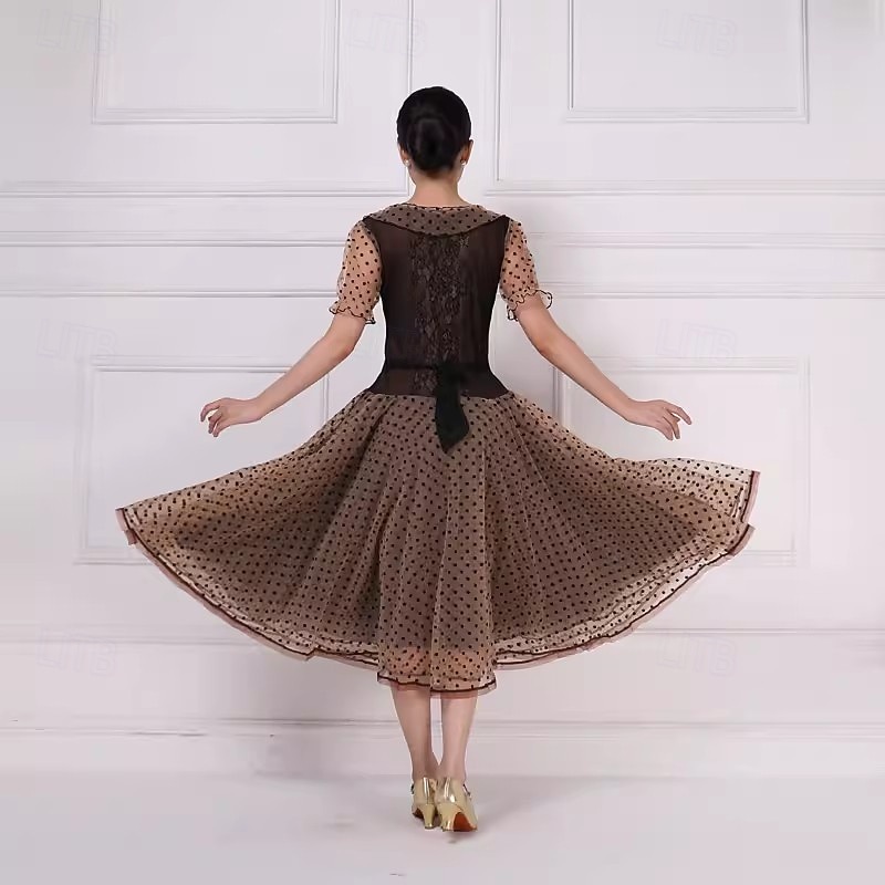 Ballroom Dance Dress Ruffles Splicing Women's Performance Party Short Sleeve Mesh Lace2