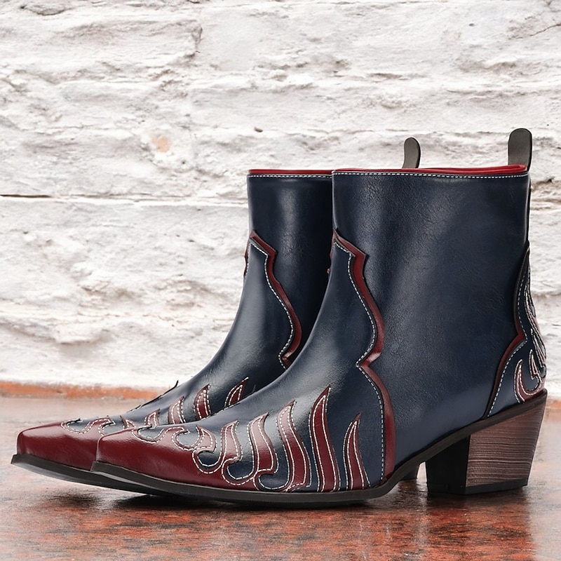 Men's Western Flame Embroidered Cowboy Boots - Pointed Toe Faux Leather Ankle Boots in Multiple Colors, Perfect for Rodeos, Country Music Events, and Casual Wear