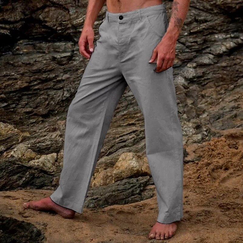 Men's Linen Pants Trousers Dress Pants Summer Pants Pocket Plain Comfort Breathable Casual Daily Holiday Fashion Classic Style White Light Grey2