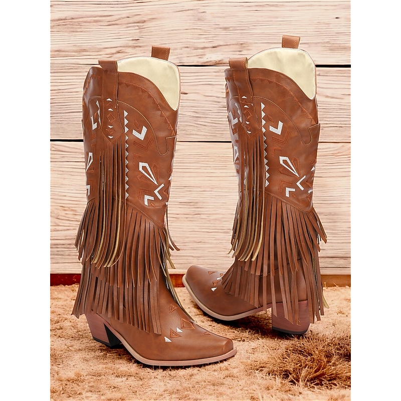 Women's Brown Fringe Western Cowboy Boots with Tribal Patterns - Fashionable Faux Leather Riding Boots for Casual Wear and Country-Themed Events2