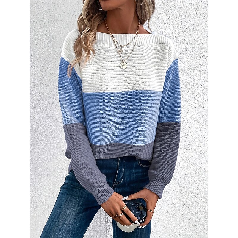 Women's Sweater Casual Soft Color Block Crew Neck Patchwork Long Sleeve Regular Tops Knit Outdoor Daily Pink Blue Spring Fall