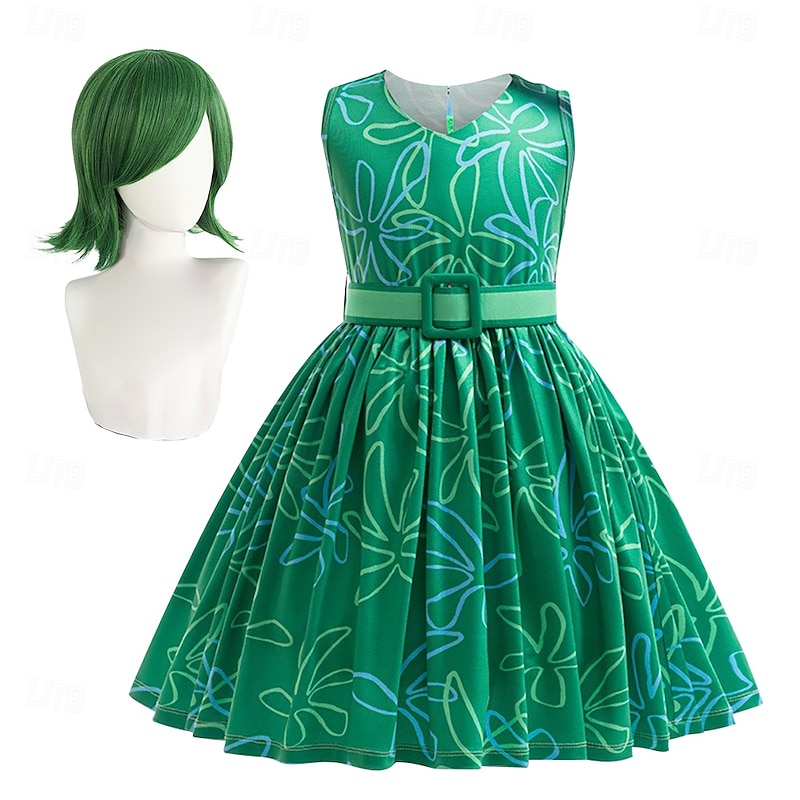 Inside Out 2 Disgust Dress Costume Girls' Movie Cosplay Cute Halloween Carnival Party With Costume Wigs