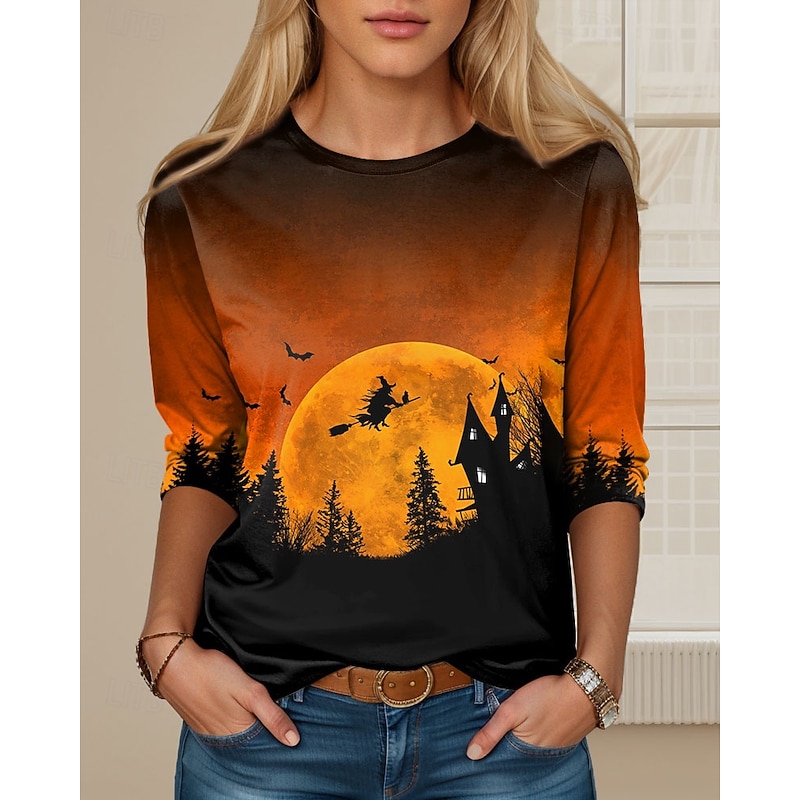 Halloween Women's T shirt Witch Long Sleeve Crew Neck Long Sleeve Tunic Tee Daily Casual Orange Spring Fall Prefall