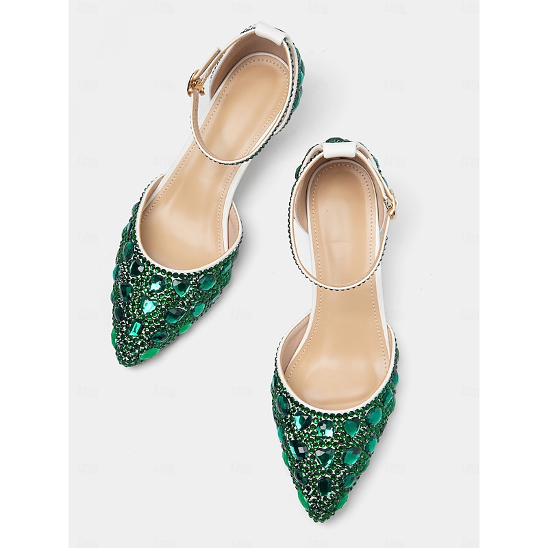 Women's Green Rhinestone Pointed-Toe Heels with Ankle Strap - Glamorous Jewel-Embellished Pumps for Evening and Special Occasions4