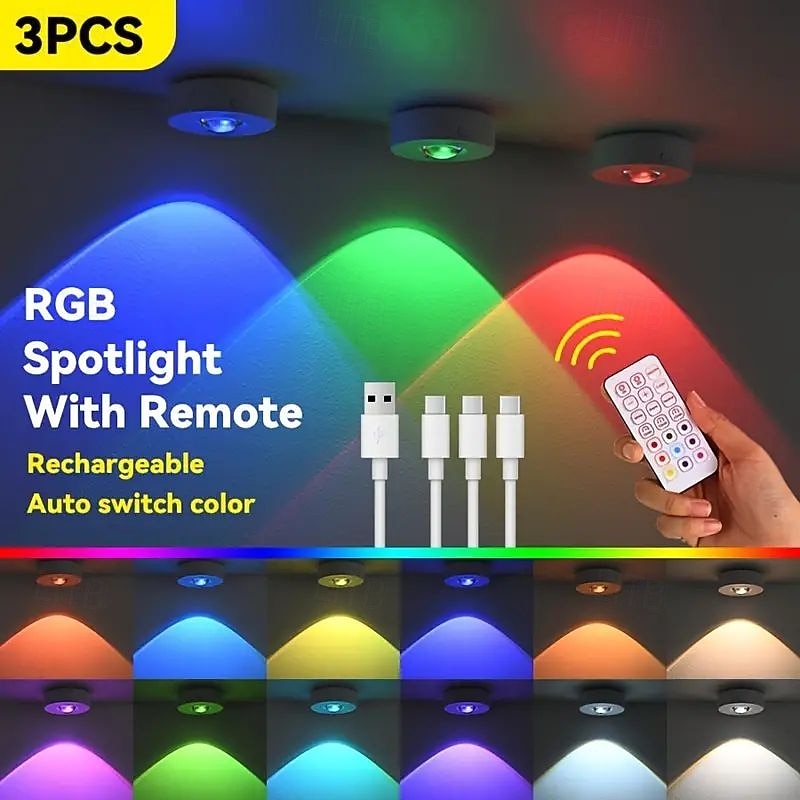 3pcs Rechargeable LED Under Cabinet Light with Remote, Spotlight RGB Color Changing Warm & Neutral White Options Adjustable Brightness Magnetic Mount For Easy Installation for Halloween4