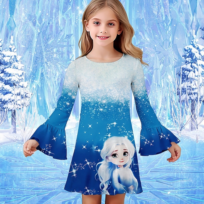 Girls' 3D Graphic Cartoon Snowflake Dress Snowflake Dress Ruffle Dress Long Sleeve Summer Spring Vacation Daily Holiday Beautiful Sweet Kids 4-12 Years Casual Dress Knee-length Regular Fit