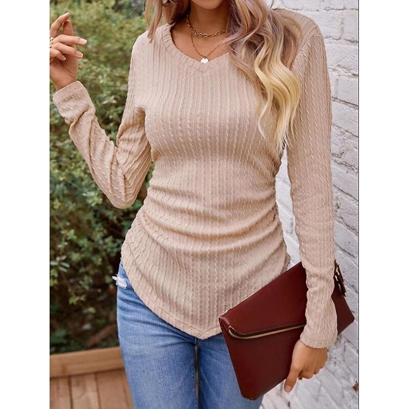 Women's T Shirt Casual Long Sleeve Regular Tops V Neck Daily Pink Green Khaki Light Grey Spring Fall4