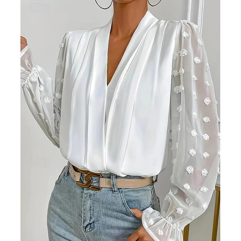 Women's Blouse Stylish Modern Mesh Long Sleeve Regular Tops V Neck Work Daily White Spring Fall