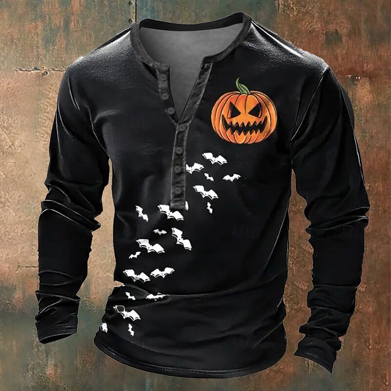 Halloween Men's Pumpkin Henley Shirt Long Sleeve T shirt 3D Print Henley Shirt Vacation Fashion Daily Holiday Black Summer Spring Fall Clothing Apparel Normal S M L XL XXL XXXL