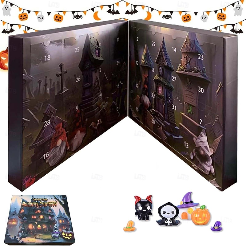 Halloween Gnome Advent Calendar, Halloween Countdown Calendar, Decoration for Aldults Kids Holiday Halloween Christmas Gifts (3pcs Gnome Doll + 28pcs Resin Mini Figurine Per Box)4