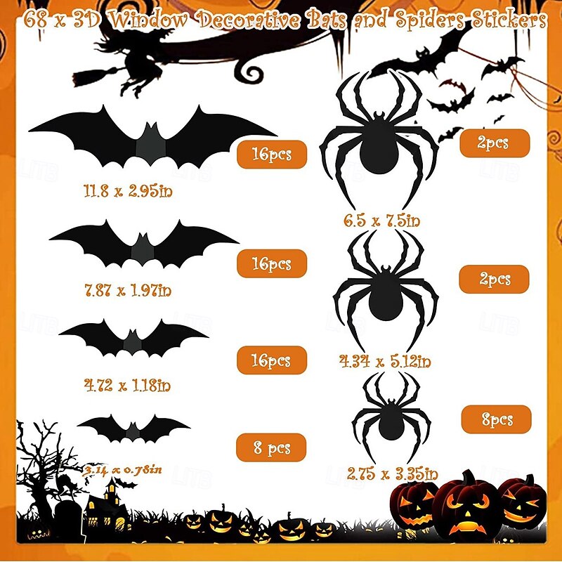 68PCS Large 3D Halloween Sticker Spider and Bat Wall Decals Set - Black Bat Stickers for Halloween Decorations2