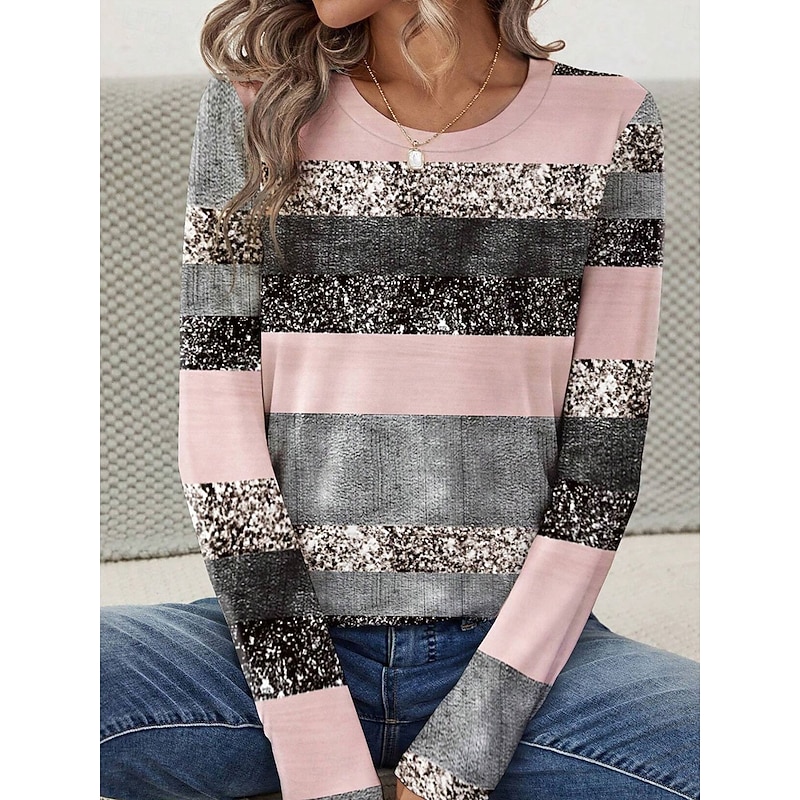 Women's T shirt Crew Neck Long Sleeve Tunic Casual Print Regular Tops Daily Pink Blue Purple Spring Fall3