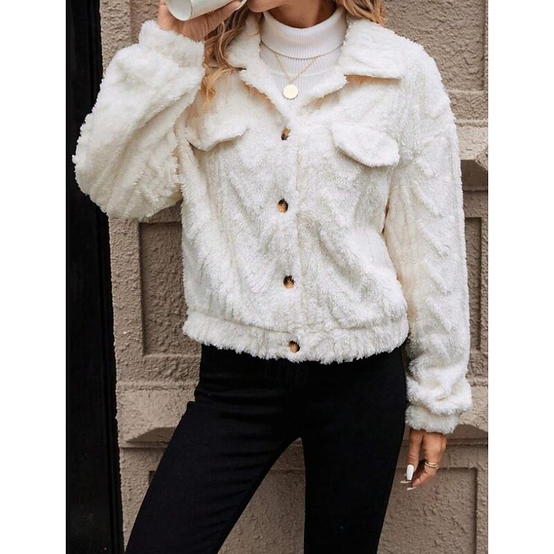 Women's Fleece Jacket Teddy Coat Warm Breathable Buttons Pocket Casual Plain Vacation Street Daily Wear Going out Single Breasted Regular Turndown Regular Fit Long Sleeve Outerwear White Fall Winter4