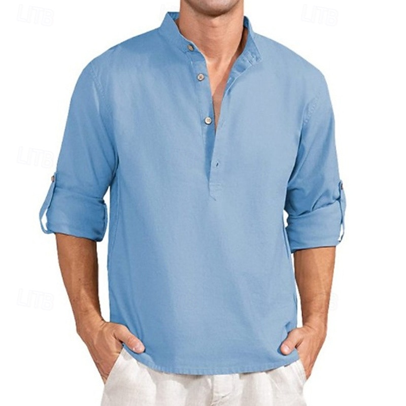 Men's Shirt Chinese Collar Shirt Mandarin Collar Shirt Popover Shirt Summer Shirt Casual Shirt White Pink Green khaki Light Blue Long Sleeve Plain Collar Vacation Hawaiian Clothing Apparel Fashion2